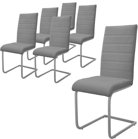 ML-Design Esszimmerstühle 6er Set, Grau, Schwingstuhl, Freischwinger Stuhl mit hoher Rückenlehne, Ergonomische Küchenstühle aus Kunstleder & Metall, Moderner Polsterstuhl für Esstisch & Wohnzimmer