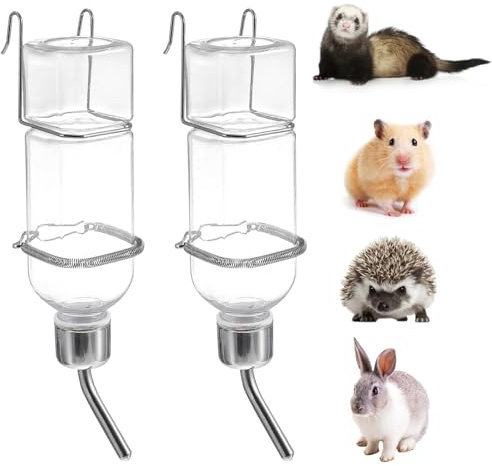 Lot de 2 bouteilles d'eau de 350 ml pour lapin, animal domestique avec crochet à ressort pour petit animal, écureuil, lapin, chinchilla, cochon d'Inde, hamster, ours doré