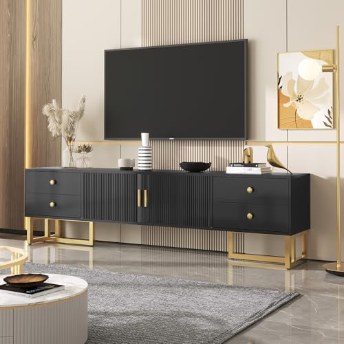Soweiz TV-Schrank, lowboard mit strukturierten Türen, TV-Möbel mit Schubladen, offenen Fächern, goldenen Griffen und goldenen Füßen (Schwarz+Gold, 175x30x46cm)