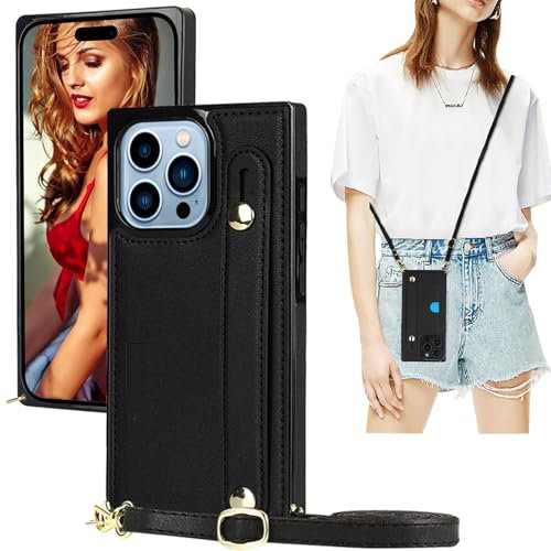 Ysnzaq Crossbody Case for iPhone 16 Pro 6.3 with Card Holder and Strap, PU Leather with Adjustable Neck Cord Lanyard Wallet Shockproof Case Cover for iPhone 16 Pro/Apple 16 Pro. ZY Black