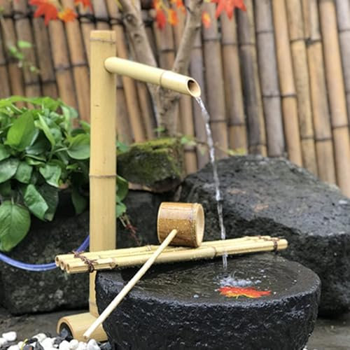 YAIUNHIQ Fuente de Agua Que Fluye para jardín japonés, decoración para Interiores y Exteriores, Fuente de Agua de bambú para jardín Zen, Bomba para Fuente de Agua, Paisaje acuático