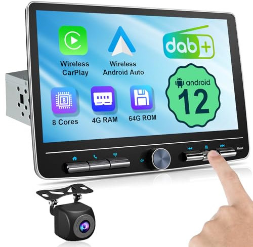 Android DAB+ Autoradio 1Din 8 Core 4G+64G Wireless CarPlay Android Auto, 10.1 Zoll Bildschirm Car Play Touch Display Monitor Bluetooth WiFi 4G GPS Navi DSP AM/FM RDS Auto Radio mit Rückfahrkamera
