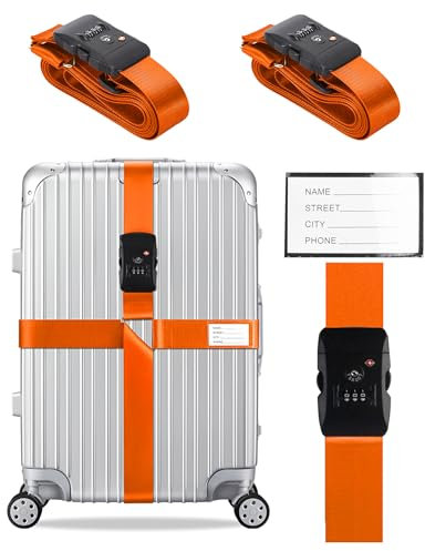 Veki Kreuz Gepäckgurte Kofferband Gurt TSA-Genehmigt mit Schloss Verstellbare Reisekoffergurte Koffergurt mit Namensausweis Packgurte für Koffer (Orange, 2 Stück)