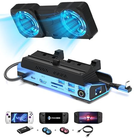 Legion Go/ROG Ally/Steam Deck Dock – Station d'accueil 13 en 1 démantèlement de deux ventilateurs froids, 4K @ 60 Hz, 4 ports USB, charge PD 100 W, Gigabit Ethernet adapté pour Steam Deck