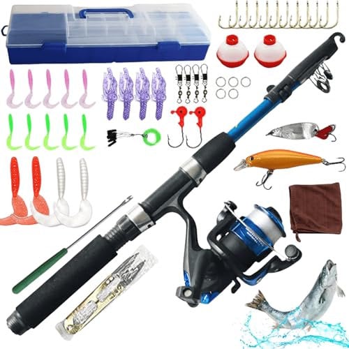 Kit de pêche pour enfants de 1,5 m avec moulinet et appât, canne à pêche télescopique en fibre de carbone et moulinet, accessoires de pêche pour enfants de 3 à 10 ans, kit complet de pêche (bleu)
