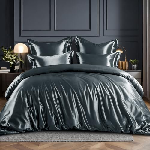 RUIKASI Satin Bettwäsche 200x220 Grau - Seidig Luxus Bettbezug mit Glanz wie Seiden Bettwäsche Set für Haar und Haut, Glänzend Bettwäsche 200x220cm mit Reißverschluss und Kissenbezug 80x80cm