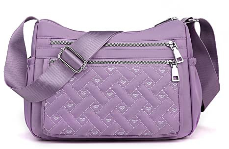 YUESITE Umhängetasche Damen, Kleine Gesteppt Schultertasche mit mehreren Taschen Leichte Wasserdichte Messenger Bags Nylon Geldbörse Handtasche Hellviolett