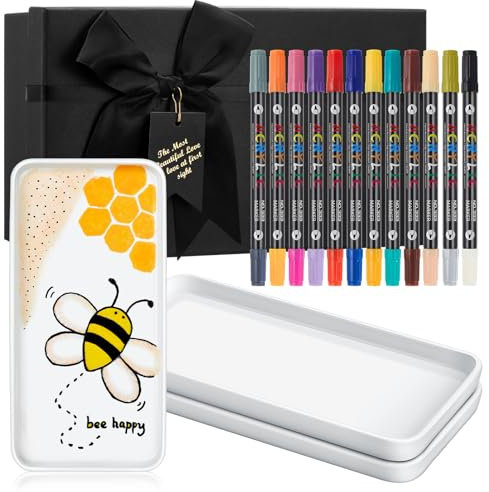 Sinmoe Set Peinture Céramique DIY 3 Assiette en Céramique Plat de Service Blanc 12 Stylos en Porcelaine Lavables au Lave-Vaisselle Coffret-Cadeau pour Graduation Enseignant (Rectangulaire, 8 Pouces)
