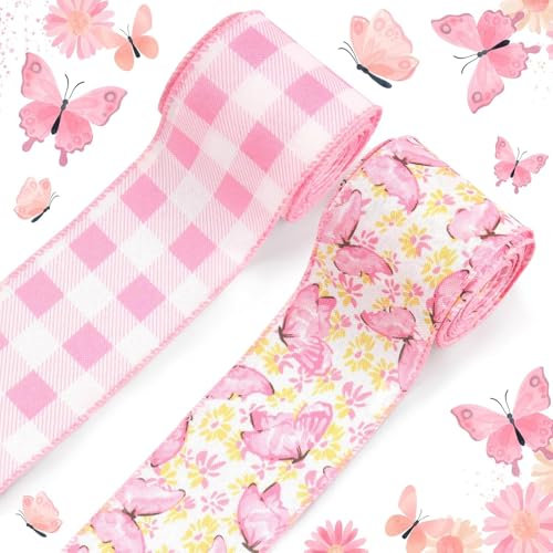 2 Rollen Blumen Schmetterling Band mit Drahtrand, Rosa Büffel Kariert Stoffband Frühlings Deko- für DIY Bastelverpackung Kränzen und Schleifen Hochzeiten Geburtstagsfeiern,4.5 M, Craft Ribbon