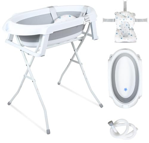 Ollewiellan Baby Badewanne mit Gestell, Babybadewanne mit Badematte, Abfluss, Gestell, Babybadewanne Faltbar, Babywanne mit Ständer Sicher für Ihr Baby - Babybadewanne Neugeborene