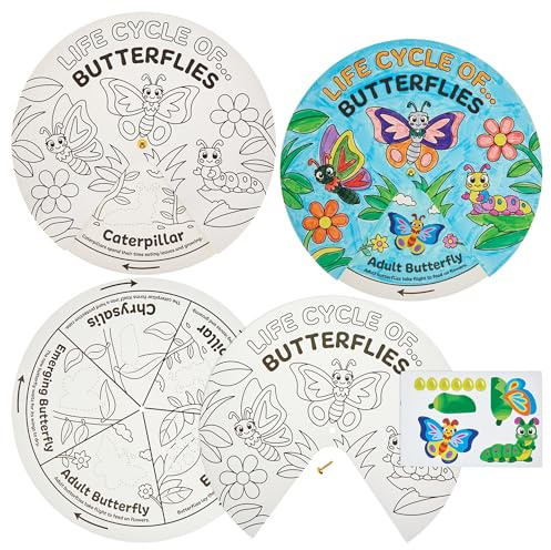 Baker Ross FN465 Butterfly Life Cycle Colour-in Sticker Wheels - Pack of 5, STEM, Science, Maths and Learning Aids for Kids and Schools