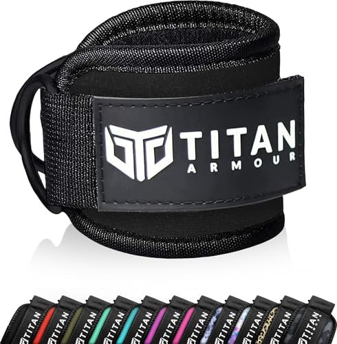 Titan Armour® Single Ankle Straps for Cable Machines | Gym Cuffs w/Heavy-Duty Steel Double D-Rings & Adjustable Strap | Lower Body Workouts Inc. Leg Curl & Glute Kickback (Black)