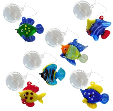 Chevnzev 6 piezas de decoración de peces flotantes de cristal colorido para acuario, decoración artesanal de burbujas para decoración del hogar