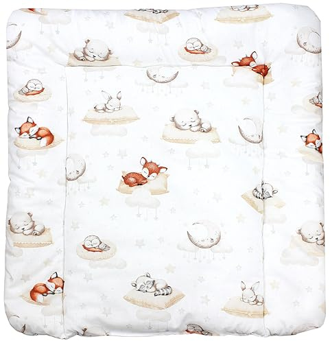 TupTam Baby Wickeltischauflage mit Baumwollbezug Gemustert, Farbe: Schlafende Baby Tiere/Beige, Größe: 70 x 50 cm
