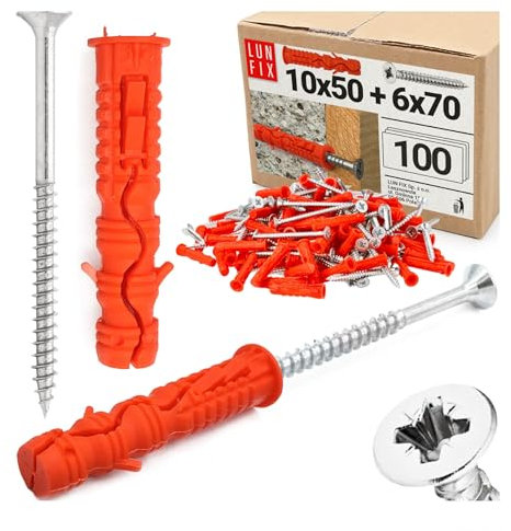 Lot de 100 chevilles 10 x 50 mm avec vis 6 x 70 mm – Chevilles à percussion et chevilles universelles pour béton, brique, blocs creux, kit de chevilles avec vis à tête fraisée Lun Fix