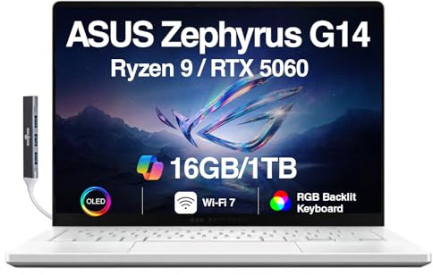 ASUS ROG Zephyrus G14 AI Gaming Laptop 14.0 ROG Nebula OLED 2.8K 500nits Display (AMD Ryzen 9 270, GeForce RTX 5060 8GB, 16GB LPDDR5X, 1TB SSD, RGB KYB, WiFi 7, Win 11 Pro) w/DKZ USB Port Expander