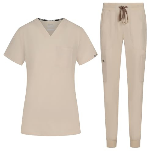 B-well NAOMI Women's Scrub Set Slip-On Tunic + Slip-On Trousers Set Medical Doctor Uniform Slip Jacket Top with Trousers Medical Work Wear with Spandex