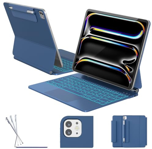 RAYMCRAFT für iPad Pro 13 (M5/M4) Hülle mit Tastatur, Magnet-Schwebhalter | 11-Farbige Hintergrundbeleuchtung, Multi-Touch Trackpad, Magnet‑Schwebhalter, Stifthalter, QWERTZ‑Layout, Dunkelblau