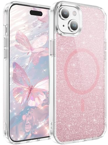IMEIKONST Magnetic for iPhone 15 Case Clear Glitter Pink JXSF | Compatible with Magsafe, Slim Fit Transparent Cover, Sparkle Bling, Soft TPU Bumper Shockproof, for Women and Girls