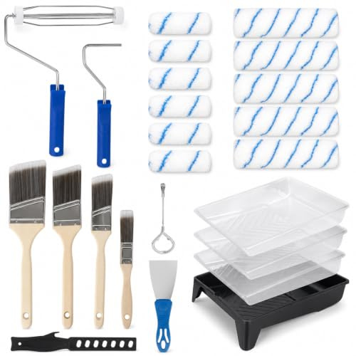 Set Rullo Pittura, Kit Verniciatura 25 Pezzi con rullo per pittura, Pennelli e Vaschetta, rullo pittura in Microfibra, rullo per pittura con serbatoio professionale per Verniciare e Rinnovare Pareti
