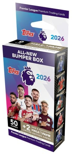 Topps Premier League 2026 - Bumper Box - enthält 50 Topps Premier-League-Karten sowie 2 Exklusive Hall-of-Fame-Limited-Edition-Karten.