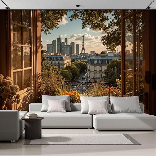 Papel Pintado 3D Ventana París Paisaje 250Anx175Al cm Fotomurales Tejido No Tejido, Realismo Papel Tapiz Grande Murales Fotográfico Moderno Decoración de Paredes