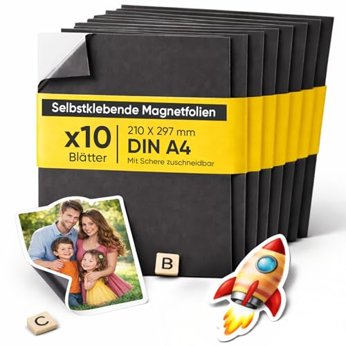 PREVIS Lámina Magnética Autoadhesiva DIN A4 (297 x 210 mm) – Hojas Imantadas Adhesivas para Fotos, Manualidades y Carteles – Película Magnética para Hogar, Escuela y Oficina (Pack 10 Unidades)