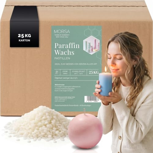 MORSA Premium Paraffinwachs Weiß (25kg) Verschiedene Größen – 100% Paraffin Pastillen als Kerzenwachs zum Gießen - Kerzensand Wachs für Kerzen Unparfümiert – Qualität aus Deutschland