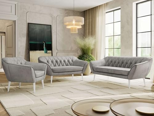 MKS MEBLE Sofagarnitur PIRS 3 + 2 + 1 - Couchgarnitur im skandinavischen Design, Gesteppte Polsterung, Wellenfederung, Wohnzimmer Sofa Set - Weiße Beine, Hellgrau Velvet