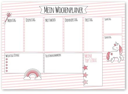 1 Schreibtisch-Unterlage Mein Wochenplaner mit Einhorn-Motiv I dv_001 I DIN A3 I 40 Blatt I Papier rosa Geschenk für Mädchen Kinder Schulanfang
