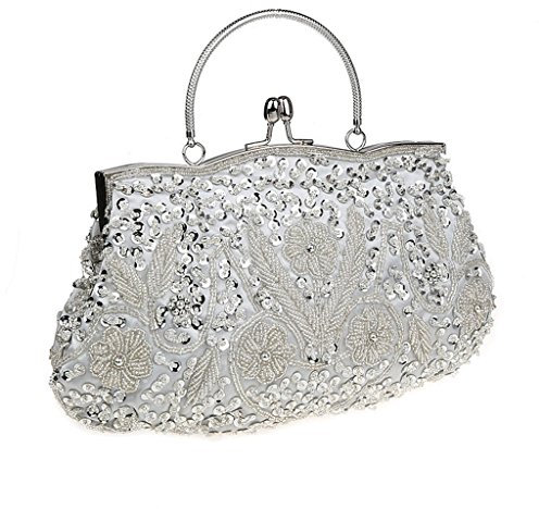 HONGCI Glitter Fashion Beaded Sequin Pearl Clutch Bag for Women - Vintage Beaded Evening Bag, Bridal Bag, Clutch Bags for Wedding, Party, A Silver, S