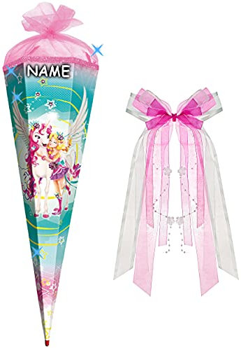 alles-meine.de GmbH mit Glitzer Effekt & 3-D Steine ! - Schultüte - magisches Einhorn - Pferd - 85 cm - 6 eckig - incl. Name und große Schleife - Organza Abschluß - Zuckertüt..