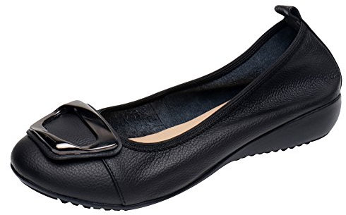 Jamron Femmes Cuir Véritable Chaussures de Confort Semelle Souple Ballerines Bas Talon Compensé Chaussons Noir SN020624 EU38/240