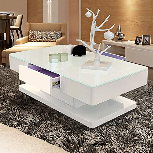 TUKAILAI Mesa de Centro Moderna Blanca con Tapa de Vidrio Templado de 8 mm y Superficie de Alto Brillo, 2 cajones, Mesa de Espacio de Almacenamiento para Sala de Estar, recepción