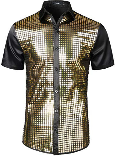 JOGAL Herren Pailletten Hemd 70er Kurzarm Disco Party Kostüm Medium SchwarzGold