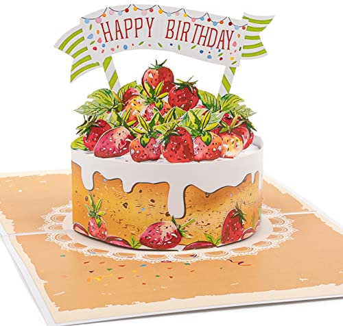 LIMAH® Pop Up 3D Geburtstagskarte - Glückwunschkarte mit einer Torte zum Geburtstag für Frauen, Männer und Kinder - passend zum Gutschein oder Geldgeschenk - Motiv Erdbeertorte mit Happy Birthday