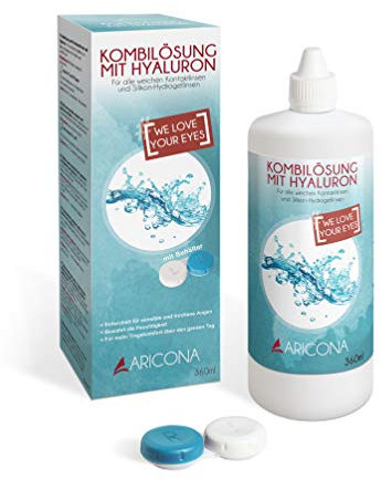 aricona Kontaktlinsen Fluessigkeit - 360ml All-In-One Kombilösung mit Hyaluron - Kontaktlinsenflüssigkeit für weiche Linsen inklusive Behälter