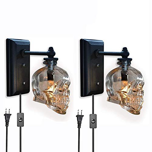 VOMI Vintage Totenkopf Lampe Bones Wandlampe mit Schalter und Stecker Innen LED Schädel Wandleuchte Transparent Glas Schatten E14 Wandlampen Bar Party Retro Industrie Dekorative Beleuchtung, 2 Stück