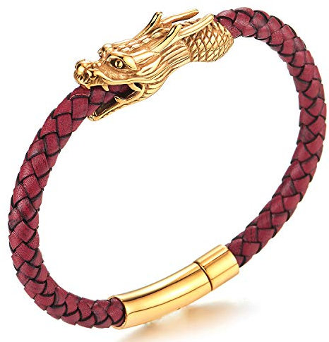 COOLSTEELANDBEYOND Acier Inoxydable Or Dragon Tête Bracelet - Bracelet en Rouge Cuir Tressé - Homme Garçons