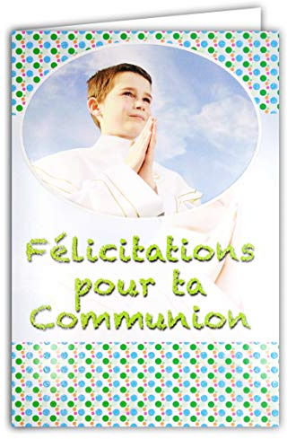 68-1020/2 Carte avec Enveloppe Félicitations pour ta COMMUNION GARÇON PAILLETTES Aube Blanche Mains Jointes Prière Bleu Vert Fête Printemps