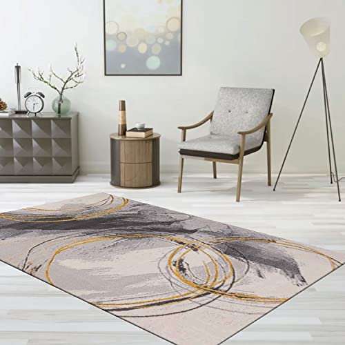VIMODA Teppich Wohnzimmer Schlafzimmer Flur Teppich Kurzflor Kreisel Muster in Gelb Creme, Maße:160x220 cm