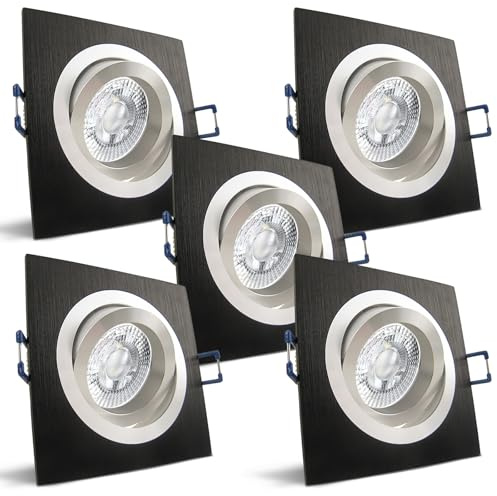 trendlights24 Noble LED Einbaustrahler flach Alu Schwarz 230V 5er Set 5W | extra flach, Einbautiefe 35 mm, LED Spots, Warmweiß, 3000k, 50° Abstrahlwinkel, Decken Einbauleuchte, eckig, schwenkbar