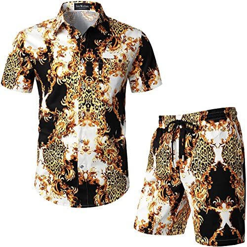 LucMatton Herren 2-teilige Luxus Leopard Print Outfits Stylische Kurzarm Button-Up Shirts und Shorts Set für Club Party Weißgold Klein