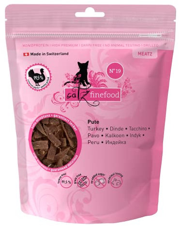 catz finefood Meatz Gatti Tacchino N° 19 – Strisce croccanti in 100% carne di tacchino – Snack per gatti per chi soffre di allergie senza zucchero, senza cereali (1 x 45 g)