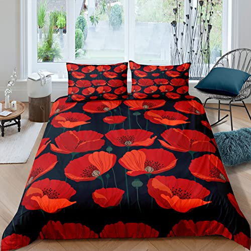 LUYAPOND Bettwäsche 140x200 Roter Mohn Bettwäsche Set, Mikrofaser Bettbezüge, 1 Bettbezug mit Reißverschluss + 1 Kissenbezug 80x80 cm