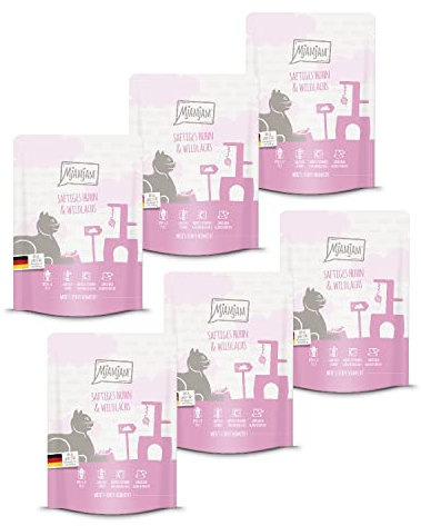 MjAMjAM - Premium Nassfutter für Katzen - Quetschie - saftiges Huhn und Wildlachs, 6er Pack (6 x 300 g), getreidefrei mit extra viel Fleisch