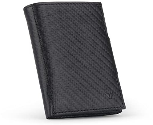 DONBOLSO Mini Portemonnaie - Slim Wallet - RFID Schutz - Geldbeutel für Herren und Damen - Bis 11 Karten - Carbon-Leder - Münzfach - Schwarz