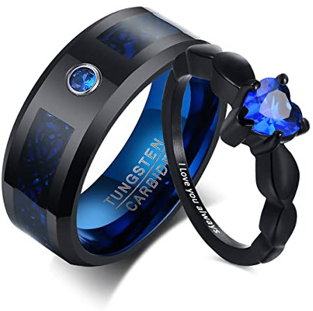 VNOX Paar Ringe Set Edelstahl mit Gravur Zirkon Herrenring Wolframstahl Blau Hochzeitsring mit Zirkon Personalisiert Freundschaftsringe Partnerringe mit Graviert für Männer Frauen