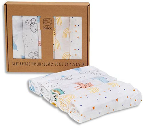 bisoo Extra Soft Bambus - Mulltücher Baby - Neugeborene Baby Mulltücher - Spucktücher Baby für Jungen und Mädchen - 5 Stück Tücher aus 60% Bambusfaser und 40% Musselin-Baumwolle (Joy)