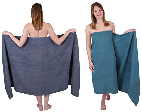 Betz 2 Stück Badetücher groß XXL Berlin Größe 100 x 200 cm Badetuch Saunatuch 100% Baumwolle Farbe dunkelgrau - taubenblau